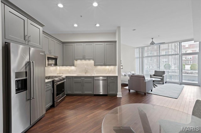 9 N Euclid Ave Unit 411, Saint Louis, MO 63108 - kitchen featuring stainless steel appliances, gray cabinets, dark wood-type flooring, backsplash, and floor to ceiling windows
