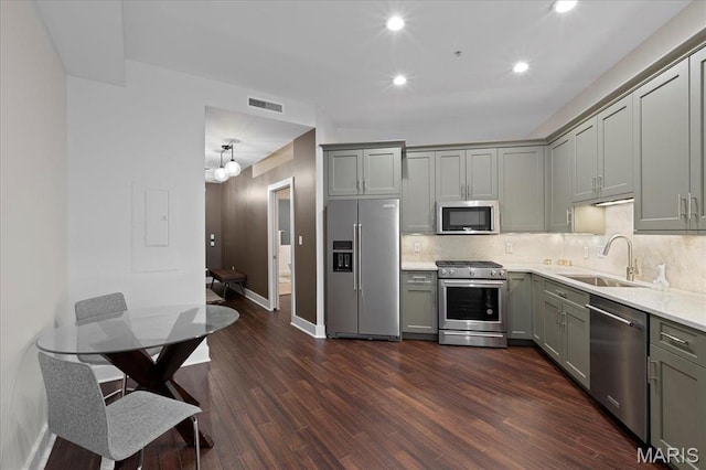 9 N Euclid Ave Unit 411, Saint Louis, MO 63108 - kitchen with stainless steel appliances, a sink, gray cabinetry, recessed lighting, and dark wood-style flooring