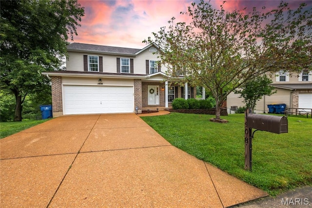 1408 Glacier Pass, Festus, MO 63028 - traditional home with brick siding, a lawn, concrete driveway, and a garage