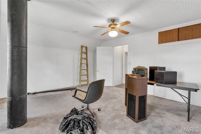 office space featuring ceiling fan and lofted ceiling