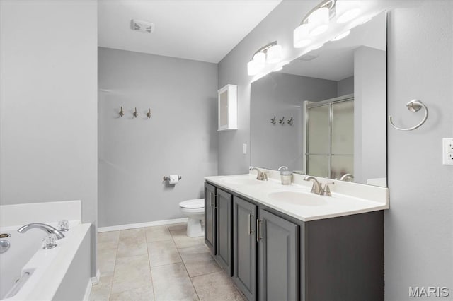 full bathroom with a stall shower, a bath, double vanity, toilet, and baseboards