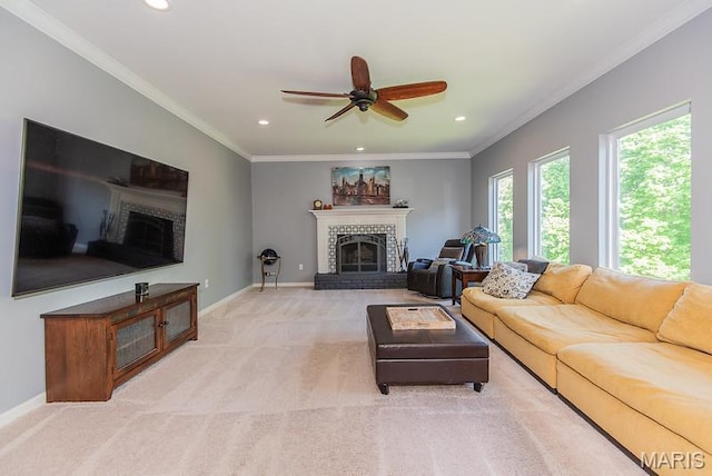 346 Palisades Ridge Ct, Eureka, MO 63025 - living area featuring a brick fireplace, recessed lighting, a ceiling fan, light colored carpet, and baseboards