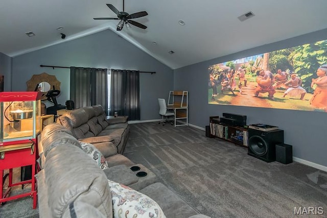 346 Palisades Ridge Ct, Eureka, MO 63025 - carpeted living room featuring ceiling fan, lofted ceiling, and baseboards