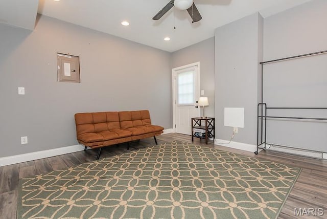 346 Palisades Ridge Ct, Eureka, MO 63025 - sitting room with a ceiling fan, wood finished floors, baseboards, and recessed lighting