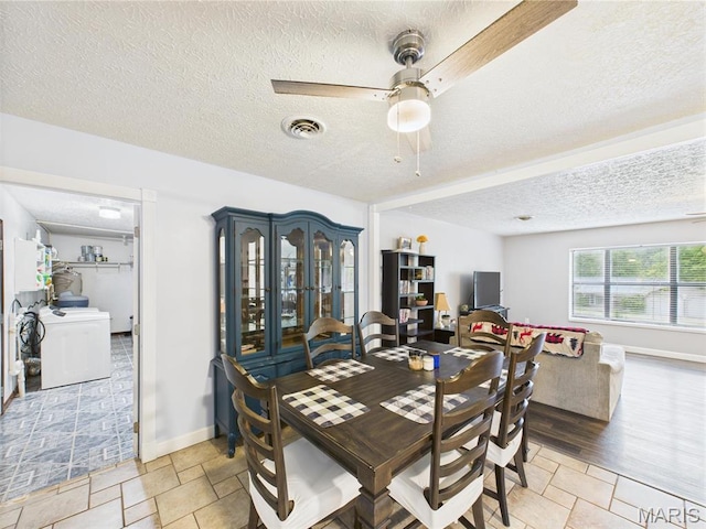 14469 Tailor Rd, Saint Robert, MO 65584 - dining area with ceiling fan, a textured ceiling, washer / clothes dryer, stone finish flooring, and baseboards
