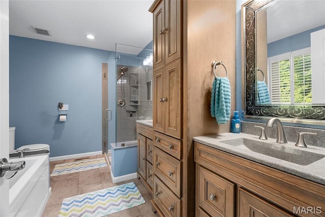 full bathroom featuring a bath, an enclosed shower, toilet, and vanity
