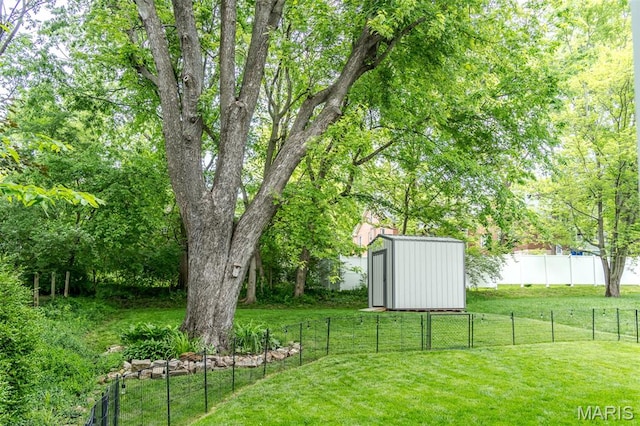view of yard featuring a storage shed and an outbuilding