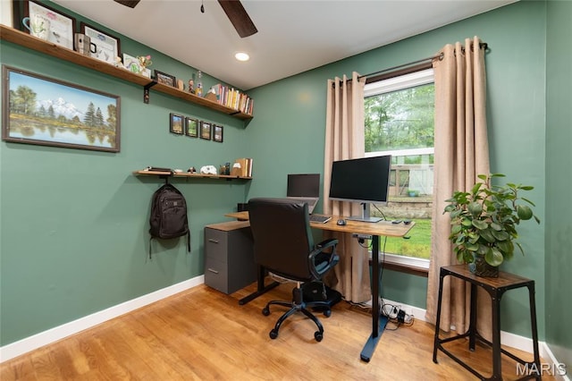 office area with ceiling fan, baseboards, wood finished floors, and recessed lighting