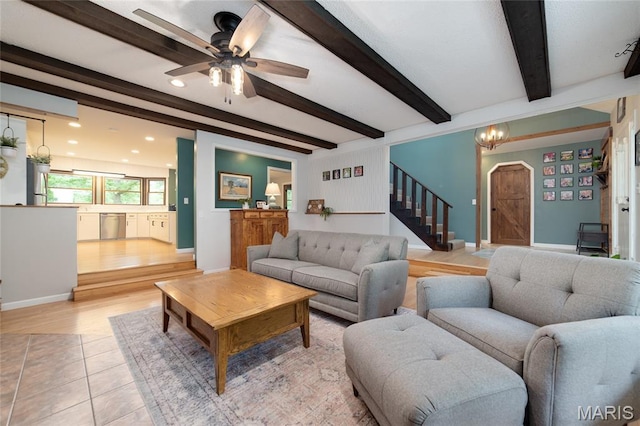 living room featuring stairs, beam ceiling, recessed lighting, ceiling fan, and light tile patterned floors