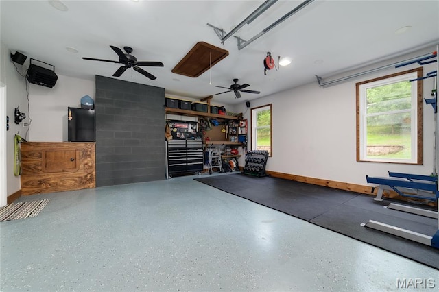 garage featuring a ceiling fan