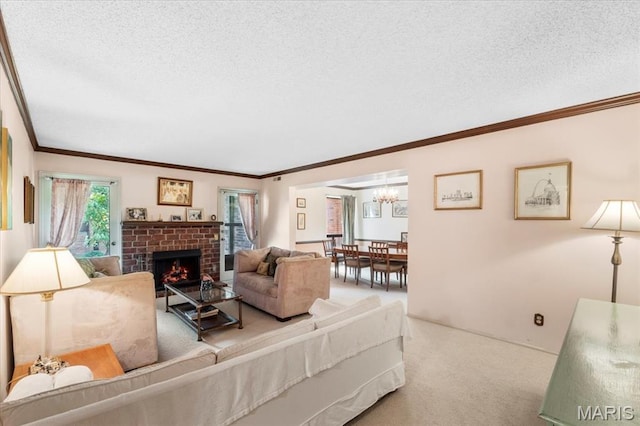 572 Coeur De Royale Dr Unit 105, Saint Louis, MO 63141 - carpeted living room with crown molding, a chandelier, a textured ceiling, and a brick fireplace