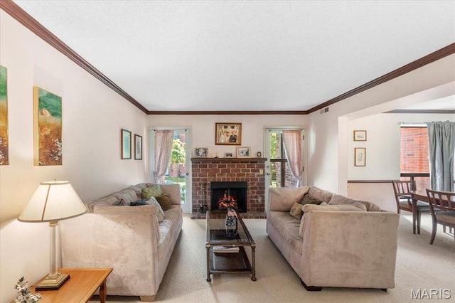 572 Coeur De Royale Dr Unit 105, Saint Louis, MO 63141 - living area featuring light colored carpet, ornamental molding, and a fireplace
