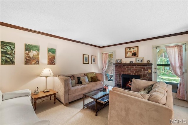 572 Coeur De Royale Dr Unit 105, Saint Louis, MO 63141 - living area with light colored carpet, a brick fireplace, and ornamental molding