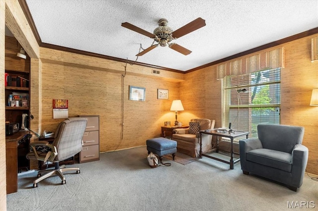 572 Coeur De Royale Dr Unit 105, Saint Louis, MO 63141 - carpeted office space featuring ceiling fan, ornamental molding, and a textured ceiling