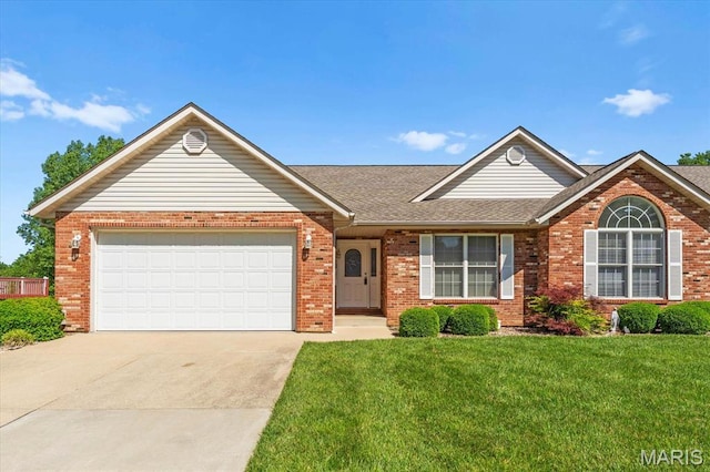 view of front of home featuring concrete driveway, brick siding, a front lawn, an attached garage, and roof with shingles