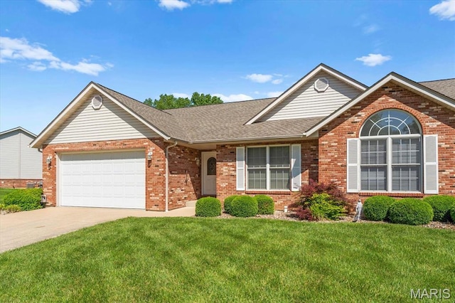 single story home with concrete driveway, a garage, a front yard, and brick siding