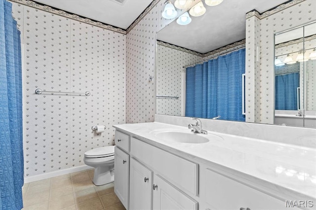 bathroom featuring wallpapered walls, toilet, a shower with shower curtain, tile patterned flooring, and vanity