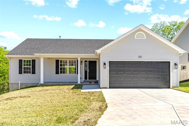 1909 Magnolia Way, Pevely, MO 63070 - single story home featuring a garage, driveway, a front lawn, covered porch, and roof with shingles