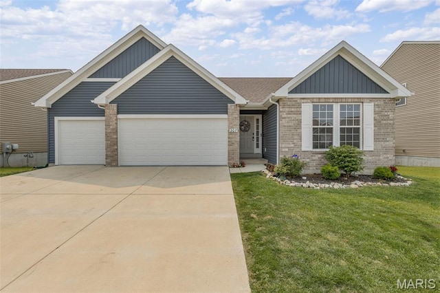 207 Savannah Ridge Ct, Fenton, MO 63026 - view of front of property featuring board and batten siding, brick siding, an attached garage, a front yard, and concrete driveway