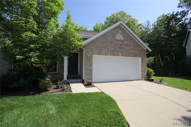 1209 Hunters Chase Dr, Eureka, MO 63025 - view of front of house with brick siding, a garage, driveway, and a front lawn