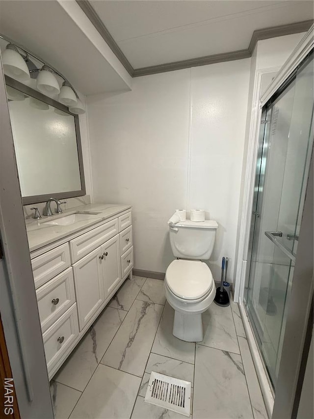 226 Dixie St, Sikeston, MO 63801 - full bath with marble finish floors, a shower stall, crown molding, vanity, and toilet