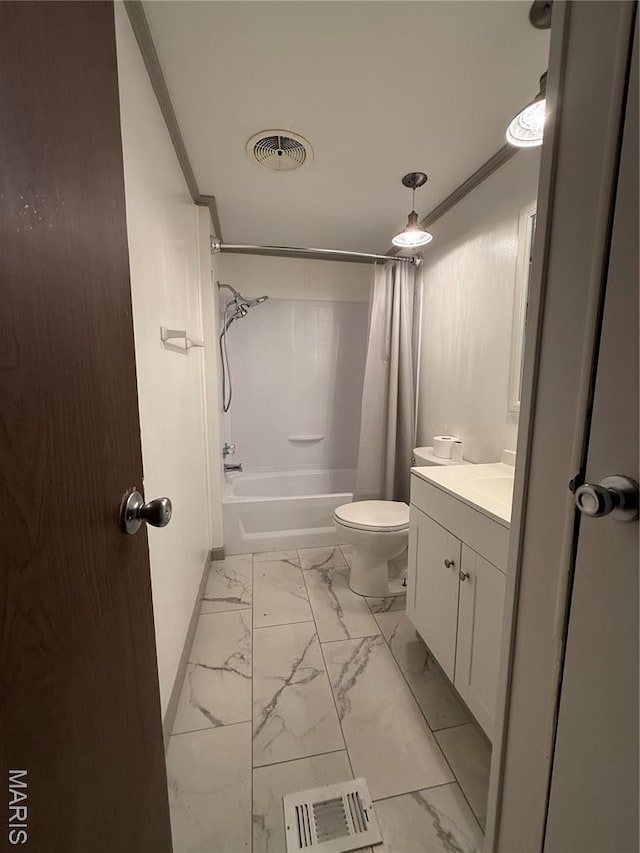 226 Dixie St, Sikeston, MO 63801 - full bath with marble look tiles, crown molding, shower / bathtub combination with curtain, vanity, and toilet