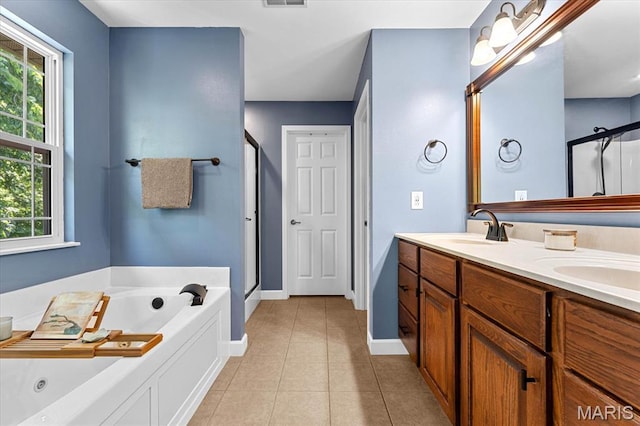 1438 Arbor Green Trl, Ofallon, IL 62269 - full bath with a shower stall, a whirlpool tub, double vanity, and tile patterned flooring