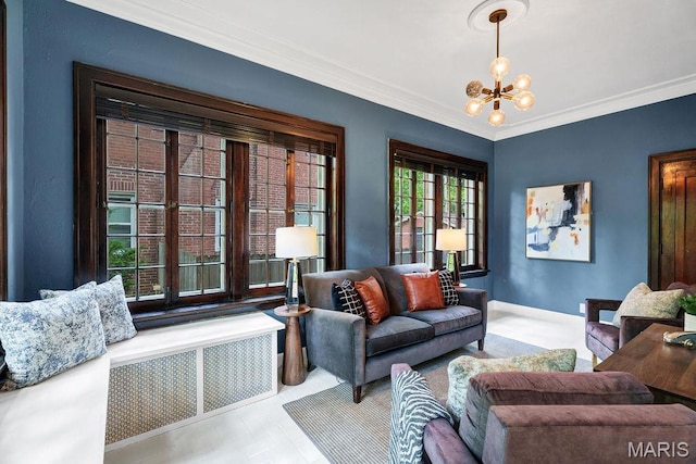 316 Melville Ave, Saint Louis, MO 63130 - living room featuring a chandelier, crown molding, and baseboards