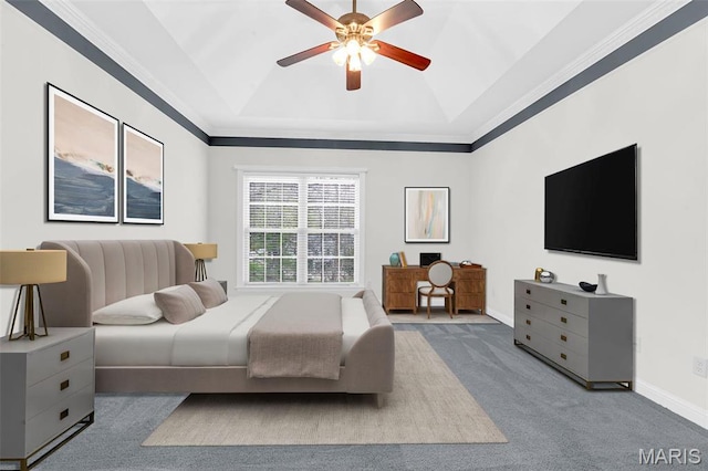 1204 Cobblestone Ter, Lake St Louis, MO 63367 - bedroom with carpet floors, a tray ceiling, lofted ceiling, ornamental molding, and baseboards