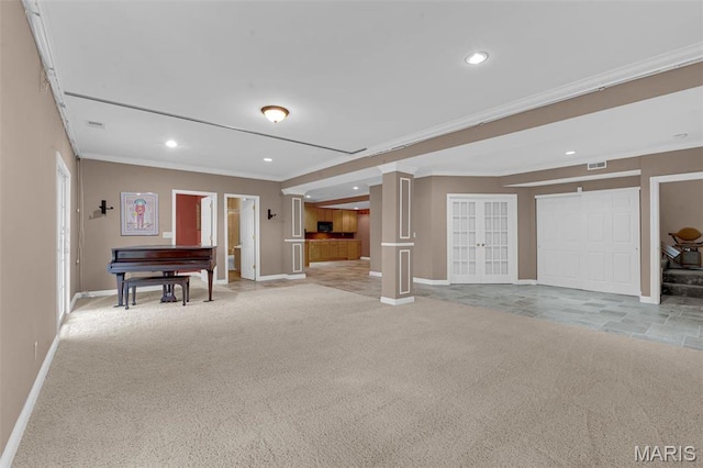 1204 Cobblestone Ter, Lake St Louis, MO 63367 - interior space with light carpet, baseboards, ornamental molding, recessed lighting, and french doors