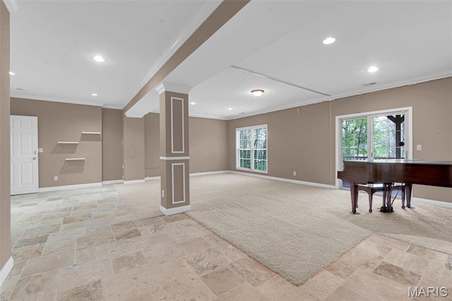 1204 Cobblestone Ter, Lake St Louis, MO 63367 - basement with ornamental molding, baseboards, stone tile floors, recessed lighting, and light colored carpet