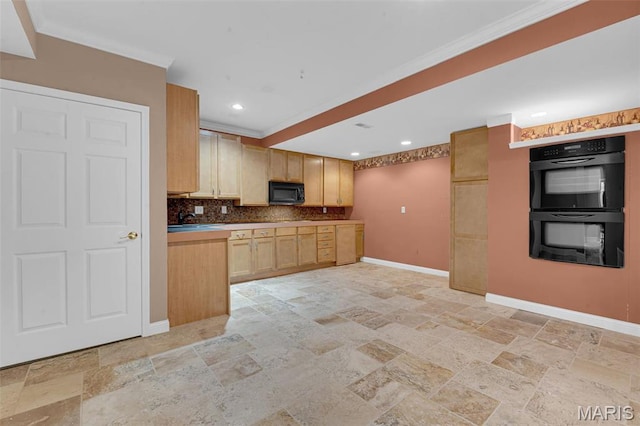 1204 Cobblestone Ter, Lake St Louis, MO 63367 - kitchen with stone tile floors, black appliances, baseboards, decorative backsplash, and recessed lighting
