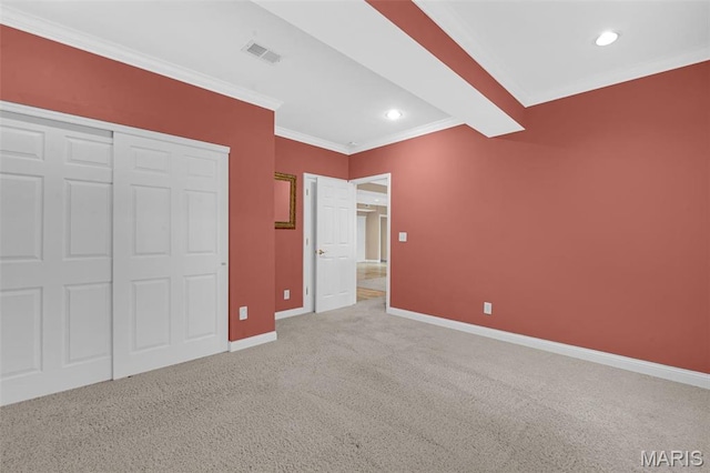 1204 Cobblestone Ter, Lake St Louis, MO 63367 - unfurnished bedroom with ornamental molding, baseboards, carpet floors, recessed lighting, and a closet