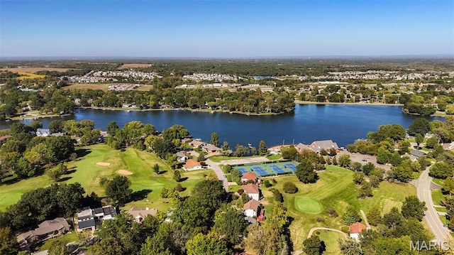 1204 Cobblestone Ter, Lake St Louis, MO 63367 - aerial view of property and surrounding area with a nearby body of water, a local golf course, and a tree filled landscape