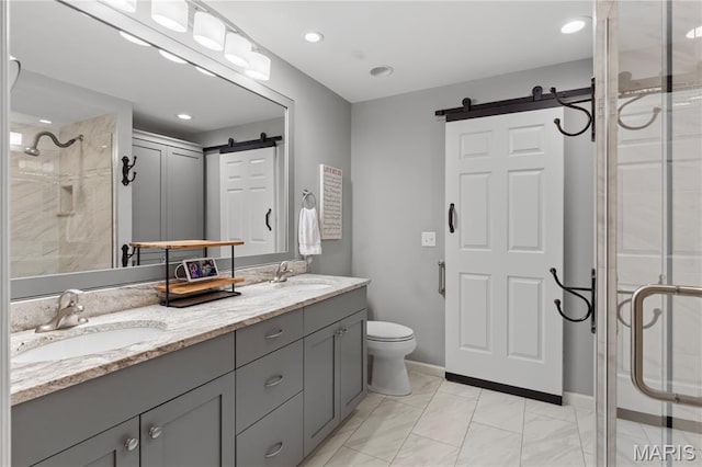 bathroom with a stall shower, double vanity, toilet, marble look tiles, and baseboards