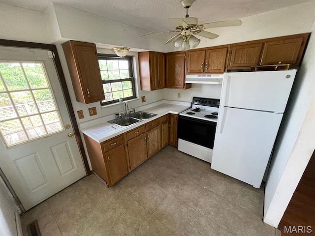 33 Briarcliff Dr, Granite City, IL 62040 - kitchen featuring electric range, freestanding refrigerator, under cabinet range hood, a sink, and light countertops