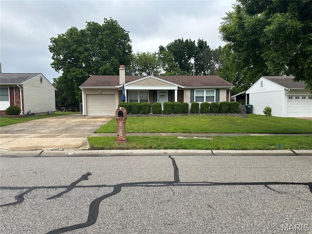 3238 Ipswich Ln, Saint Charles, MO 63301 - single story home featuring concrete driveway, a garage, a front yard, and a chimney