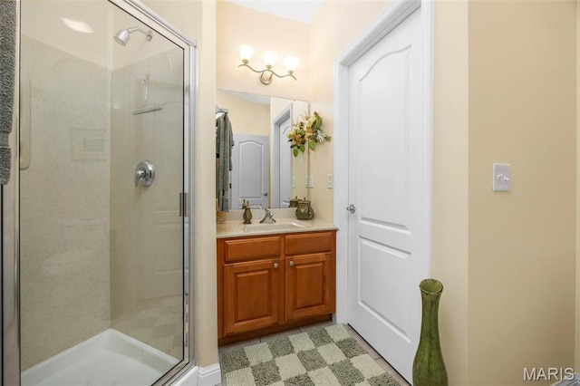 full bath featuring a shower stall, vanity, and tile patterned floors