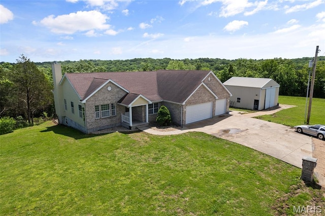 122 Morgan Lake Rd, De Soto, MO 63020 - ranch-style home featuring concrete driveway, a chimney, a garage, a front yard, and covered porch