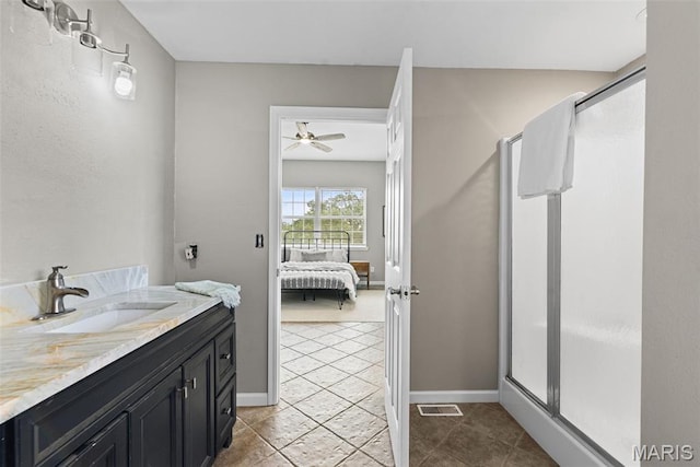 122 Morgan Lake Rd, De Soto, MO 63020 - full bath with ensuite bathroom, a stall shower, vanity, tile patterned floors, and ceiling fan