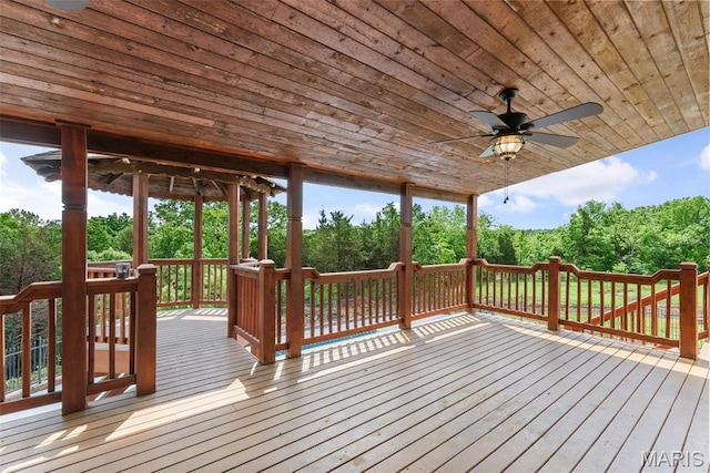 122 Morgan Lake Rd, De Soto, MO 63020 - deck featuring ceiling fan and view of wooded area