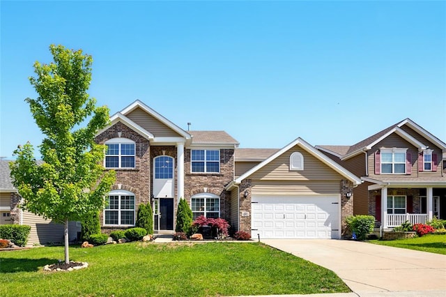 491 Cypress Creek Ln, Imperial, MO 63052 - traditional-style home featuring an attached garage, a front yard, concrete driveway, brick siding, and a porch