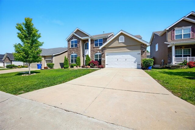491 Cypress Creek Ln, Imperial, MO 63052 - traditional-style home with a front lawn, a garage, concrete driveway, and brick siding