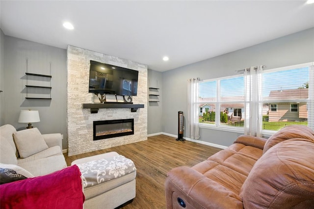 491 Cypress Creek Ln, Imperial, MO 63052 - living area featuring baseboards, wood finished floors, a stone fireplace, and recessed lighting