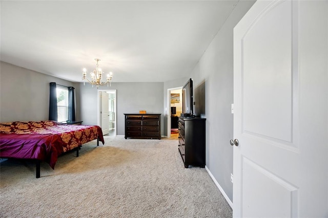 491 Cypress Creek Ln, Imperial, MO 63052 - bedroom featuring light colored carpet, a chandelier, baseboards, and ensuite bathroom