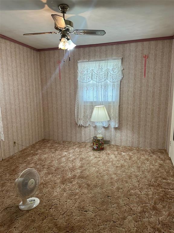 16864 State Highway 32, Bismarck, MO 63624 - carpeted empty room with a ceiling fan and ornamental molding