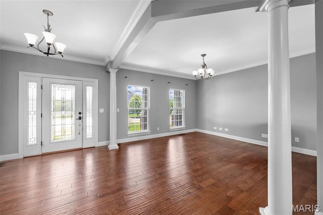 137 Countryshire Dr, Lake St Louis, MO 63367 - entrance foyer with a chandelier, ornate columns, ornamental molding, baseboards, and wood finished floors