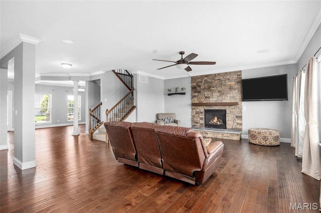 137 Countryshire Dr, Lake St Louis, MO 63367 - living room with a ceiling fan, stairs, dark wood-style floors, crown molding, and baseboards