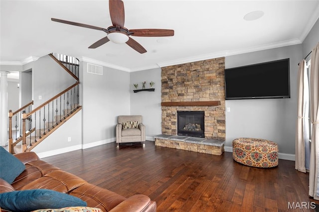 137 Countryshire Dr, Lake St Louis, MO 63367 - living room with ceiling fan, hardwood / wood-style flooring, stairs, crown molding, and baseboards