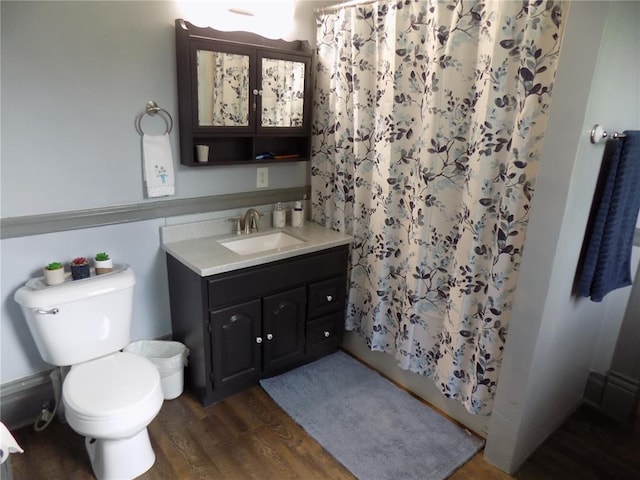 339 E Reynolds St E, Ironton, MO 63650 - full bathroom with wood finished floors, vanity, toilet, and a shower with shower curtain